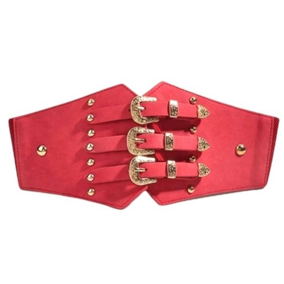 Red Wide Elastic Corset Belt Triple Buckle Detail Western Gold Accents Cincher - Picture 1 of 6